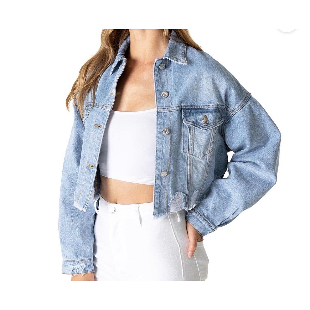 Love Tree Women's Juniors Cropped Denim Ripped Jean Jacket Light Blue Size S
